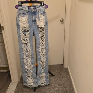 NWT Good American Light Wash Distressed Wide-Leg Jeans